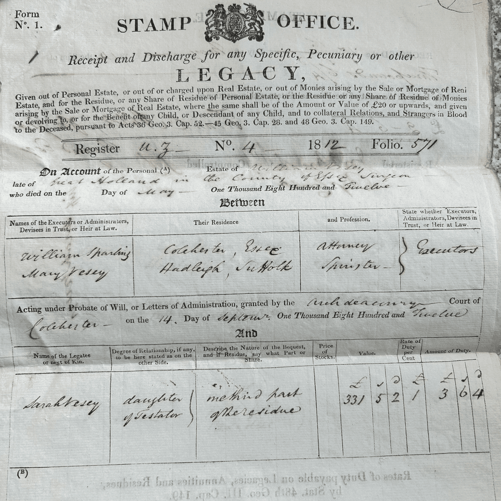 Stamp Office Legacy Document Dated 1812 Between Shanling / Vesey - Image 2