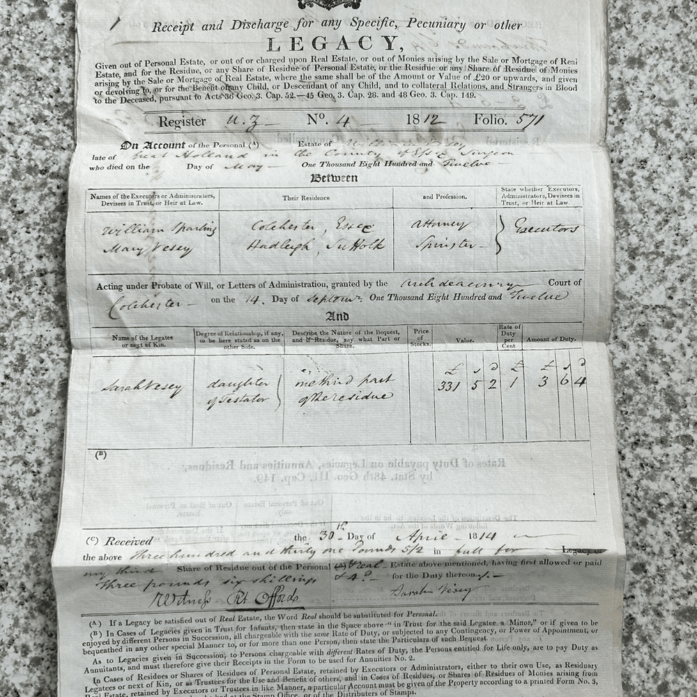 Stamp Office Legacy Document Dated 1812 Between Shanling / Vesey